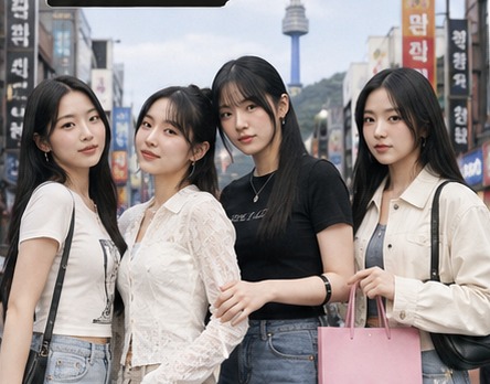 Four women in everyday city looks on a Seoul street with a KO&CLO shopping bag