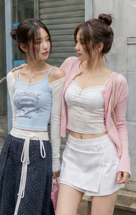 Two women in a pastel cardigan, cropped tops and skirts