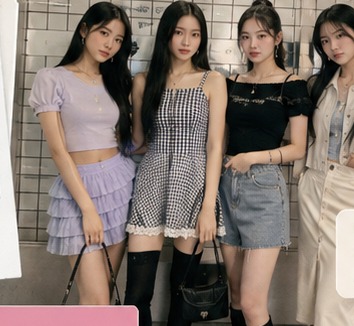 Women in ruffle skirts, gingham and denim in a subway station